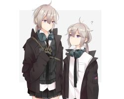 Rule 34 | 2girls, ?, aged up, american flag, commission, dual persona, girls&#039; frontline, gloves, grey hair, headphones, headphones around neck, height difference, highres, jacket, m200 (girls&#039; frontline), multiple girls, necktie, purple eyes, second-party source, shirt, skirt, tactical clothes, udon-udon, vest