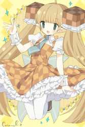 Rule 34 | 1girl, :d, ahoge, blue eyes, blue necktie, blush, brown dress, brown footwear, checkered clothes, checkered dress, collared shirt, commentary request, dress, flower, hair ornament, highres, kikka (kicca choco), light brown hair, long hair, necktie, open mouth, original, pantyhose, pointy ears, puffy short sleeves, puffy sleeves, shirt, shoes, short sleeves, signature, sleeveless, sleeveless dress, smile, solo, sparkle, twintails, very long hair, white pantyhose, white shirt, wrist cuffs, yellow flower