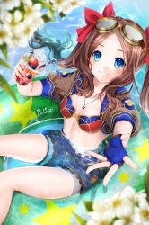 Rule 34 | 1girl, absurdres, alicexxxfragment, bikini, bikini top only, blue eyes, blue shorts, blush, breasts, brown gloves, brown hair, collarbone, cup, drink, fate/grand order, fate (series), fingerless gloves, food, forehead, fruit, gloves, goggles, grin, hair ribbon, highres, innertube, jewelry, leonardo da vinci (fate), leonardo da vinci (swimsuit ruler) (fate), long hair, looking at viewer, necklace, parted bangs, puffy short sleeves, puffy sleeves, red bikini, red ribbon, ribbon, short shorts, short sleeves, shorts, shrug (clothing), sidelocks, small breasts, smile, solo, swim ring, swimsuit, thighs, twintails, water, whipped cream