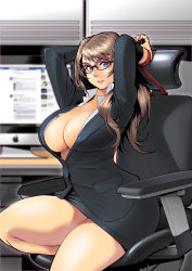 Rule 34 | 1girl, adjusting hair, apple inc., arms up, bdsm, belted, belted dress, blue eyes, bondage, bound, bound wrists, breasts, brown hair, business suit, butcherboy, clasped dress, cleavage, collared shirt, curvy, dress, facebook, formal, glasses, highres, huge breasts, jacket, legs, long hair, miniskirt, monitor, no bra, office lady, original, pencil skirt, rope, shirt, sitting, skirt, skirt suit, solo, suit, thick thighs, thighs, tied to chair, tight clothes, tight dress