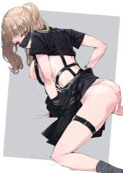 Rule 34 | 1girl, arched back, ass, back, breasts, brown eyes, brown hair, clothing aside, cum, cumdrip, grey socks, highres, jacket, long hair, mask, mask lift, medium breasts, mouth mask, nijisanji, nipples, o-ring, o-ring thigh strap, panties, panties aside, parted lips, sister claire, sister claire (9th costume), socks, solo, thigh strap, twintails, underwear, virtual youtuber, white panties, yuukauta