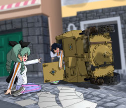 Rule 34 | 10s, 2girls, anchovy (girls und panzer), angry, black hair, braid, carro veloce cv-33, casual, closed eyes, crash, drill hair, girls und panzer, green hair, hair ribbon, hand on own head, highres, long sleeves, military, military vehicle, motor vehicle, multiple girls, newspaper, open mouth, pepperoni (girls und panzer), pointing, ribbon, shoes, sitting, sneakers, tank, track suit, twin drills, twintails, vehicle, wariza, wince, yamucya01
