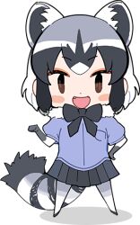 Rule 34 | 1girl, animal ears, black eyes, bow, bowtie, common raccoon (kemono friends), elbow gloves, extra ears, gloves, grey hair, kemono friends, kemono friends 3, kurokw, looking at viewer, lowres, official art, open mouth, pantyhose, raccoon ears, raccoon girl, raccoon tail, shirt, short hair, skirt, solo, tail, transparent background