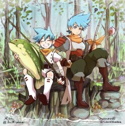 Rule 34 | 1boy, age difference, aged down, aged up, aoimisaka, armor, artist name, belt, blue eyes, blue hair, blush, breastplate, breath of fire, breath of fire iii, brown footwear, cargo pants, closed eyes, closed mouth, collaboration, fish, fishing, fishing rod, frown, grass, highres, holding, holding fishing rod, leaf, looking at another, male focus, maruno, mushroom, nature, orange scarf, pants, puffy sleeves, riverbank, rock, ryuu (breath of fire iii), scarf, shorts, sitting on tree stump, sleeveless, sleeveless jacket, smile, teeth, time paradox, tree, tree stump, vest, water, white footwear