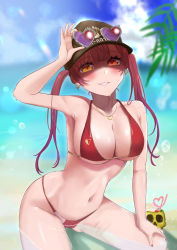 Rule 34 | 1girl, adjusting eyewear, ara1e, arm up, baseball cap, beach, bikini, blue sky, blurry, blurry background, blush, breasts, cleavage, cloud, dokuro-kun (houshou marine), drinking straw, earrings, eyewear on headwear, gold earrings, gold necklace, gold trim, grin, hand on eyewear, hand on own knee, hat, heart, heart-shaped eyewear, heart earrings, heart necklace, heterochromia, highres, hololive, houshou marine, houshou marine (summer), jewelry, large breasts, lens flare, long hair, looking at viewer, nail polish, navel, necklace, outdoors, red-tinted eyewear, red bikini, red eyes, red hair, red nails, sitting, skull cup, sky, smile, solo, stomach, sunglasses, swimsuit, thighs, tinted eyewear, twintails, virtual youtuber, water, wet, yellow eyes