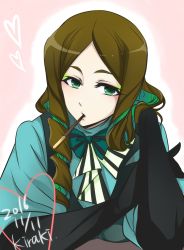 Rule 34 | 10s, 1girl, artist name, black lips, brown hair, colored inner hair, dated, eyeshadow, food, food in mouth, green eyes, green hair, heart, highres, kiraki, lipstick, long hair, looking at viewer, makeup, mouth hold, multicolored hair, phara suyuf, pocky, senki zesshou symphogear, solo, two-tone hair