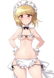 Rule 34 | 1girl, apron, artist name, bikini, black bow, black bowtie, blonde hair, blush, bow, bowtie, breasts, closed mouth, cutlass (girls und panzer), dated, embarrassed, frilled bikini, frills, girls und panzer, hands on own hips, highres, kuzuryuu kennosuke, looking at viewer, maid apron, maid headdress, navel, shiny skin, short hair, side-tie bikini bottom, simple background, skindentation, small breasts, solo, swimsuit, wavy mouth, white background, yellow eyes