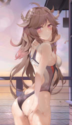 Rule 34 | 1girl, ahoge, animal ears, arknights, arm up, ass, back cutout, bare arms, bare shoulders, breasts, brown hair, clothing cutout, competition swimsuit, contrapposto, cowboy shot, eyjafjalla (arknights), from behind, goat ears, goat horns, hand on own ass, highres, horns, long hair, looking at viewer, looking back, medium breasts, one-piece swimsuit, pink eyes, ru zhai, side cutout, solo, standing, swimsuit, wet