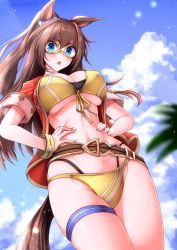 Rule 34 | 1girl, :o, animal ears, belt, bikini, blue eyes, blue sky, blush, breasts, brown belt, brown hair, cloud, commentary request, cowboy shot, day, el condor pasa (umamusume), eye mask, front-tie bikini top, front-tie top, g (genesis1556), half updo, highres, horse ears, jacket, large breasts, long hair, looking at viewer, multi-strapped bikini, open clothes, open jacket, open mouth, red jacket, short sleeves, sky, solo, standing, stomach, swimsuit, thigh strap, thighs, umamusume, very long hair, yellow bikini