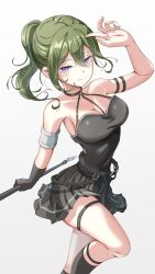 Rule 34 | 1girl, arm strap, arm up, bare shoulders, belt, black belt, black choker, black skirt, black socks, breasts, choker, cleavage, closed mouth, collarbone, green hair, highres, holding, holding weapon, knee up, looking at viewer, medium breasts, miniskirt, pleated skirt, ponytail, purple eyes, shinnu, shirt, simple background, skirt, sleeveless, sleeveless shirt, smile, socks, solo, sousou no frieren, thigh strap, ubel (sousou no frieren), wallpaper, weapon