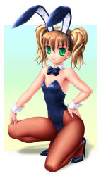 Rule 34 | 1girl, :3, animal ears, bare shoulders, blonde hair, bow, bowtie, brown pantyhose, detached collar, fake animal ears, flat chest, green eyes, hand on own hip, high heels, kneeling, leotard, long hair, nyo, on one knee, original, pantyhose, playboy bunny, rabbit ears, rabbit tail, slit pupils, solo, tail, thighs, twintails, wrist cuffs