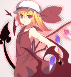 Rule 34 | 1girl, adapted costume, bare shoulders, blonde hair, collarbone, crystal, dress, female focus, flandre scarlet, hat, johnny funamushi, looking at viewer, mob cap, red dress, red eyes, short hair, sleeveless, sleeveless dress, solo, stick, touhou