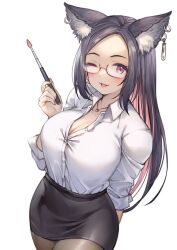 Rule 34 | animal ears, arm behind back, black hair, blush, breasts, ear piercing, feet out of frame, glasses, gougasha akira, large breasts, long hair, monaka hitotsub, multicolored hair, nails, one eye closed, open mouth, pencil skirt, piercing, pink hair, pointer, red eyes, shirt, skirt, smile, t-shirt, teacher, two-tone hair, virtual youtuber, white background
