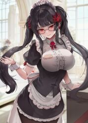 Rule 34 | 1girl, apron, black hair, black nails, black pantyhose, blurry, blurry background, blush, breasts, character name, closed mouth, commentary, cowboy shot, english commentary, glasses, hair ornament, highres, indoors, large breasts, long hair, maid, maid headdress, nail polish, original, pantyhose, red eyes, short sleeves, sidelocks, smile, solo, twintails, white apron, wrist cuffs, zerocat