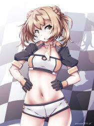 Rule 34 | 1girl, 547th sy, bandeau, black gloves, breasts, checkered flag, cosplay, cropped jacket, double bun, flag, gloves, hair bun, highres, jacket, kantai collection, light brown hair, michishio (kancolle), multicolored clothes, multicolored jacket, natsugumo (kancolle), natsugumo (kancolle) (cosplay), orange bandeau, orange gloves, race queen, short twintails, small breasts, solo, twintails, two-tone bandeau, white bandeau, yellow eyes