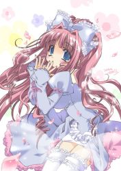 Rule 34 | 1girl, blue eyes, cowboy shot, dress, emily (pure dream), frilled thighhighs, frills, garter straps, hair intakes, hair ribbon, lolita fashion, long hair, red hair, ribbon, solo, source request, sparkle, thighhighs, white thighhighs