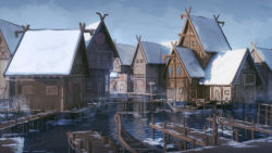 Rule 34 | artist name, boat, building, cloud, cloudy sky, commentary request, dankalaning, day, dock, english text, highres, house, ice, no humans, ocean, original, scenery, sky, snow, watercraft, winter