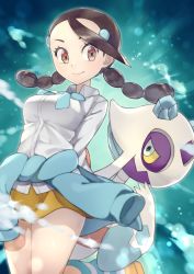 Rule 34 | 1girl, black hair, breasts, brown eyes, brown footwear, brown skirt, candice (pokemon), closed mouth, clothes around waist, commentary request, creatures (company), froslass, game freak, gen 4 pokemon, hair ornament, hairclip, highres, long hair, miniskirt, multi-tied hair, nintendo, pokemon, pokemon (creature), pokemon dppt, rindoriko, shirt, shoes, skirt, smile, socks, striped clothes, striped legwear, striped socks, sweater, sweater around waist, twintails, white shirt