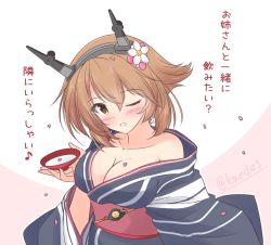 Rule 34 | 1girl, alcohol, breasts, brown hair, cleavage, commentary request, cup, flower, green eyes, grey kimono, hair flower, hair ornament, hairband, headgear, holding, holding saucer, japanese clothes, kantai collection, kimono, large breasts, looking at viewer, mutsu (kancolle), one-hour drawing challenge, one eye closed, parted lips, partially translated, radio antenna, sakazuki, sake, saucer, shizuna kaede, short hair, solo, translation request, two-tone background, upper body