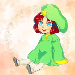 Rule 34 | 1girl, blue eyes, dress, hair ribbon, hat, hong meiling, lips, mago (gengennikoniko), oversized clothes, pants, red hair, ribbon, sharp teeth, shoes, sitting, sleeves past wrists, slit pupils, smile, solo, teeth, touhou, aged down