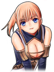 Rule 34 | 1girl, archived source, adventurer (ff11), bare shoulders, blonde hair, blue eyes, breasts, breasts squeezed together, cleavage, closed mouth, crossed bangs, final fantasy, final fantasy xi, hume, medium breasts, pink lips, ponytail, ringed eyes, short hair, simple background, smile, solo, split mouth, taisai soft, upper body, white background