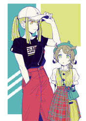 Rule 34 | 2girls, arms behind back, bad id, bad twitter id, bag, baseball cap, black shirt, blunt bangs, character request, copyright name, copyright request, dress, feet out of frame, green eyes, hair between eyes, hand in pocket, hat, height difference, highres, holding, multiple girls, orange eyes, pants, ponytail, pwpwap, red pants, shirt, smile, translation request