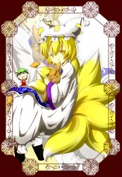 Rule 34 | 2girls, :3, aburaage, animal ears, blonde hair, cat ears, cat girl, cat tail, chen, chibi, drooling, female focus, food, fox tail, giwa, hat, highres, mouth hold, multiple girls, multiple tails, short hair, tail, touhou, yakumo ran, yellow eyes, zoom layer