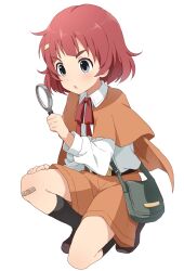 Rule 34 | 1girl, absurdres, anzai miyako, bag, bandaid, belt, black belt, black socks, blue eyes, brown capelet, brown shorts, buchi (y0u0ri ), capelet, dot nose, grey bag, hair ornament, hairclip, hand on own knee, highres, holding, idolmaster, idolmaster cinderella girls, idolmaster cinderella girls starlight stage, knees up, loafers, long sleeves, looking at another, magnifying glass, neck ribbon, open mouth, red hair, red ribbon, ribbon, shirt, shoes, short hair, shorts, shoulder bag, simple background, socks, solo, squatting, white background, white shirt