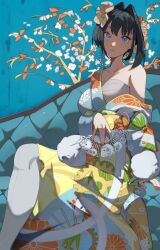 Rule 34 | 1girl, absurdres, arm support, black hair, blue eyes, blue kimono, breasts, closed mouth, collarbone, commentary, couch, english commentary, eyelashes, feather boa, floral print, floral print kimono, flower, folding fan, hair flower, hair intakes, hair ornament, hand fan, highres, holding, holding fan, hololive, hololive english, japanese clothes, kanzashi, kimono, knee up, large breasts, looking at viewer, o22no, obi, obijime, official alternate costume, on couch, open clothes, open kimono, ouro kronii, ouro kronii (new year), pantyhose, print kimono, sarashi, sash, short hair, single bare shoulder, sitting, slit pupils, solo, virtual youtuber, white kimono, white pantyhose, yellow sash