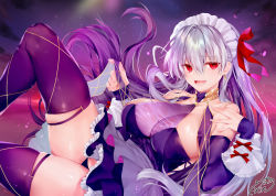 Rule 34 | 1girl, :d, bare shoulders, blush, breasts, detached sleeves, dress, earrings, fate/grand order, fate (series), floating hair, gold trim, gradient hair, hair between eyes, hair ribbon, hands up, jewelry, kama (fate), large breasts, long hair, looking at viewer, maid, maid headdress, multicolored hair, navel, obiwan, open mouth, purple dress, purple hair, purple thighhighs, red eyes, red ribbon, ribbon, sidelocks, signature, silver hair, skindentation, sleeves past wrists, smile, solo, thighhighs, thighs, very long hair