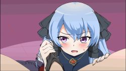 Rule 34 | 1girl, animated, animated gif, blue hair, blush, handjob, jewelry, necklace, open mouth, panties on penis, penis, penis under another&#039;s clothes, purple eyes, solo focus, zee (zee sub)