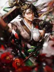Rule 34 | 1boy, absurdres, chungmyung, flower, grin, hair ribbon, haseonyeon, highres, holding, holding jar, jar, korean commentary, long hair, long sleeves, looking at viewer, male focus, ponytail, red eyes, red flower, return of the mount hua sect, ribbon, smile, solo, teeth