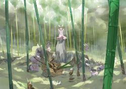 Rule 34 | 6+girls, animal ears, arms behind head, arms up, bamboo, bamboo forest, bamboo shoot, black hair, bunny girl, carrot, dress, extra, forest, inaba mob (touhou), inaba tewi, jewelry, jumping, legs up, long hair, lying, multiple girls, murachiki, nature, on back, pendant, rabbit, rabbit ears, red eyes, rock, short hair, shovel, sitting, sitting on object, too many, too many rabbits, touhou, tripping, wheelbarrow, worktool