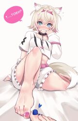 Rule 34 | 1girl, absurdres, animal ears, arm warmers, barefoot, blonde hair, blue nails, chain, collar, commentary, crop top, dog ears, dog girl, dog tail, english commentary, feet, foot focus, foreshortening, highres, hololive, hololive english, kivo, midriff, mococo abyssgard, mococo abyssgard (1st costume), nail polish, pink nails, shorts, sitting, solo focus, tail, toenail polish, toenails, toes, virtual youtuber