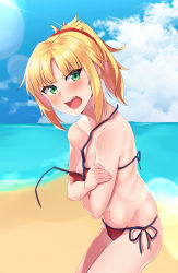 Rule 34 | 1girl, bad id, bad pixiv id, beach, bikini, blonde hair, breasts, cleavage, covering privates, covering chest, crossed arms, day, fang, fate/apocrypha, fate/grand order, fate (series), green hair, highres, lens flare, mitsukichi, mordred (fate), mordred (fate) (all), mordred (fate/apocrypha), mordred (swimsuit rider) (fate), mordred (swimsuit rider) (first ascension) (fate), navel, open clothes, outdoors, ponytail, red bikini, side-tie bikini bottom, small breasts, solo, swimsuit