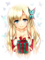 Rule 34 | 10s, 1girl, bare shoulders, blonde hair, blue eyes, boku wa tomodachi ga sukunai, breasts, butterfly, butterfly hair ornament, christmas, cleavage, detached sleeves, dress, gift, hair ornament, holding, holding gift, kashiwazaki sena, large breasts, long hair, nfr, smile, solo