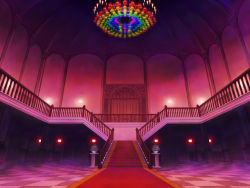 Rule 34 | aoha (twintail), chandelier, checkered floor, door, female focus, floor, no humans, plant, potted plant, red carpet, scarlet devil mansion, scenery, stairs, touhou