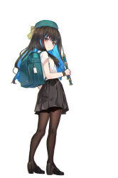 Rule 34 | 1girl, aged down, backpack, bag, black footwear, black hair, black skirt, blue hair, breasts, brown pantyhose, colored inner hair, eyeliner, fate/grand order, fate (series), flute, full body, green hat, grey eyes, hat, highres, holding, holding flute, holding instrument, instrument, loafers, long hair, looking at viewer, looking back, makeup, multicolored hair, pantyhose, recorder, shirt, shoes, short sleeves, sidelocks, skirt, small breasts, solo, tenochtitlan (fate), ura illust, white shirt