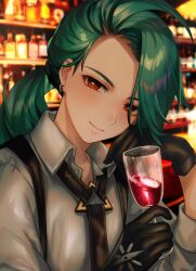 Rule 34 | 1girl, absurdres, alcohol, asada sadao, blush, bright pupils, closed mouth, collared shirt, commentary request, creatures (company), cup, earrings, game freak, gloves, green hair, hands up, head rest, head tilt, highres, holding, holding cup, indoors, jewelry, long hair, looking at viewer, necktie, nintendo, orange eyes, pokemon, pokemon sv, ponytail, rika (pokemon), shirt, smile, solo, stud earrings, suspenders, upper body, white pupils, wine