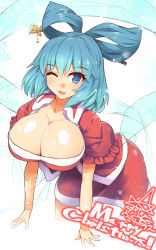 Rule 34 | 1girl, ;d, bent over, blue eyes, blue hair, blush, breasts, christmas, cleavage, collarbone, commentary request, cropped legs, english text, eyelashes, fingernails, fur trim, hagoromo, hair ornament, hair rings, hair stick, highres, kaku seiga, large breasts, merry christmas, one eye closed, open mouth, puffy short sleeves, puffy sleeves, red skirt, red sleeves, santa costume, shawl, shiny skin, short hair, short sleeves, skirt, smile, solo, standing, touhou, umigarasu (kitsune1963)
