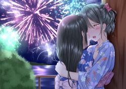 Rule 34 | 2girls, after kiss, against tree, animal print, black hair, blush, bow, female focus, fireworks, fish print, floral print, hair ornament, highres, hug, japanese clothes, kimono, lino (lilyparty07), long hair, looking at another, multiple girls, nature, obi, open mouth, original, outdoors, saliva, saliva trail, sash, tears, tree, water, yukata, yuri