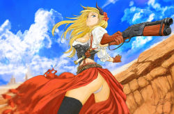Rule 34 | 1girl, ammunition, blonde hair, canyon, cervus, cloud, cowboy shot, cowboy western, dagger, day, flower, from side, gloves, gun, hair flower, hair ornament, horns, knife, lever action, long hair, looking back, panties, pantyshot, pixiv fantasia, pixiv fantasia t, pointy ears, skirt, sky, smile, solo, standing, underwear, weapon
