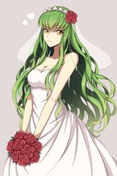 Rule 34 | 1girl, :3, alternate costume, alternate hairstyle, bare arms, bouquet, breasts, bridal veil, c.c., cleavage, closed mouth, code geass, collarbone, dress, female focus, floating hair, flower, green hair, grey background, hair flower, hair ornament, heart, highres, holding, holding bouquet, long hair, looking at viewer, lucky keai, medium breasts, neck, red flower, red rose, rose, simple background, smile, solo, standing, strapless, strapless dress, veil, very long hair, wavy hair, wedding dress, white dress, yellow eyes