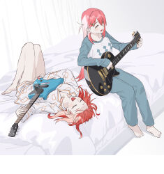 Rule 34 | 2girls, bare legs, barefoot, bedroom, blue pants, blue shirt, bocchi the rock!, closed eyes, commentary request, electric guitar, food-themed hair ornament, full body, gotoh hitori, guitar, hair ornament, highres, holding, holding guitar, holding instrument, holding plectrum, indoors, instrument, kita ikuyo, korean commentary, long hair, long sleeves, lying, multiple girls, music, on back, on bed, open mouth, pajamas, pants, pink hair, playing guitar, plectrum, red hair, shirt, singing, sitting, smile, strawberry hair ornament, white shirt, zhr100