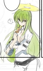Rule 34 | 10mo, 1girl, ?, belt, bodysuit, breasts, c.c., cleavage, code geass, spiked halo, cosplay, food, food in mouth, green hair, guilty gear, guilty gear xrd, halo, jack-o&#039; valentine, long hair, pizza, simple background, sketch, solo, yellow eyes