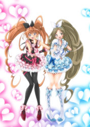Rule 34 | 2girls, alternate color, black neckwear, blue eyes, blush, boots, brown hair, choker, cosplay, cure black, cure black (cosplay), cure melody, cure rhythm, cure white, cure white (cosplay), dress, eunos, futari wa precure, hand on own hip, houjou hibiki, long hair, minamino kanade, multiple girls, open mouth, pantyhose, precure, skirt, smile, suite precure, twintails, two side up, white choker, white footwear