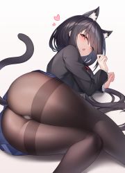 Rule 34 | 1girl, :o, absurdres, animal ears, ass, black hair, black panties, black shirt, blue skirt, breasts, brown pantyhose, cat ears, cat girl, cat tail, date a live, eyes visible through hair, feet out of frame, hair over one eye, half-closed eyes, heart, heterochromia, highres, long hair, long sleeves, lying, medium breasts, neck ribbon, on side, open mouth, panties, panties under pantyhose, pantyhose, paw pose, red eyes, red ribbon, ribbon, school uniform, shirt, skirt, solo, tail, thighband pantyhose, thighs, tokisaki kurumi, underwear, yellow eyes, zijiang