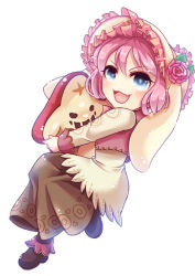 Rule 34 | 1girl, blue eyes, blush, bonnet, brown pantyhose, brown skirt, chibi, commentary request, fang, full body, looking at viewer, merchant (ragnarok online), open mouth, pantyhose, pink hair, pink vest, ragnarok online, red eruma, shirt, shoes, short hair, simple background, sion (blackhorse), skirt, smile, starfish, vest, white background, white shirt