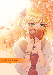 Rule 34 | 1girl, blonde hair, blush, box, breasts, cleavage, coat, covering own mouth, earrings, french text, fumiya-taketatsu, fur-trimmed coat, fur trim, green eyes, heart-shaped box, holding, holding box, idolmaster, idolmaster cinderella girls, jewelry, looking at viewer, medium breasts, miyamoto frederica, necklace, short hair, solo, upper body, white background, white coat