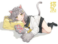 Rule 34 | 1girl, :q, absurdres, animal ears, animal hands, black sailor collar, black skirt, black socks, blunt bangs, blush, cat ears, cat girl, cat tail, closed mouth, commentary request, full body, gloves, hair ornament, hairclip, highres, lipstick, long hair, long sleeves, looking at viewer, makeup, neckerchief, no shoes, original, paw gloves, pleated skirt, sailor collar, school uniform, serafuku, silver hair, skirt, smile, socks, solo, sweater, tail, takenoko no you, tongue, tongue out, twitter username, white background, white sweater, yellow eyes, yellow neckerchief